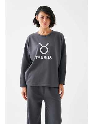 MTM My The Mall Kadın Füme Boğa Burcu Oversize 2 Iplik Eşofman Ev Giyim Takımı