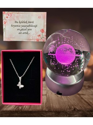 Normadia Renk Değişen LED Işıklı Cam Satürn Kız Küre Dolunay Kristal Top Kelebek Lamba