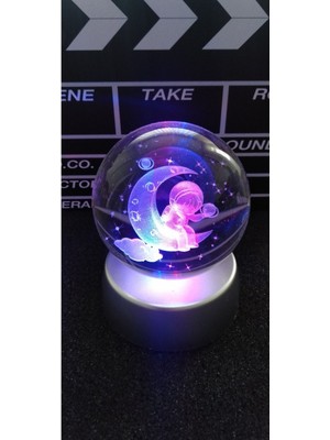 Normadia 3D Renkli Işıklı Standlı Hilal ve Astronot Uzay Temalı Cam Küre