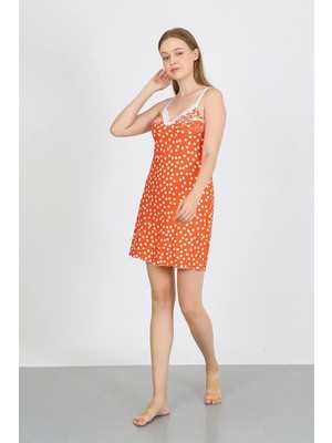 MTM My The Mall Kadın Penye Ip Askılı Beyaz Puantiyeli Gecelik Turuncu