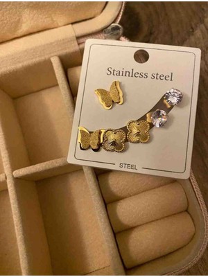 Güneş Takı Gold Kelebek Yonca Zirkon Taşlı 3lü Çift Çelik Küpe Seti
