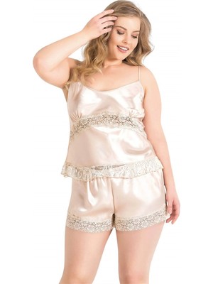 MTM My The Mall Giyim Büyük Beden Fildişi Saten Babydoll Şort Takımı