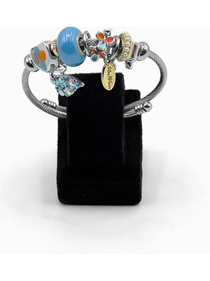 Pangu Mavi Cam Boncuk Detaylı Gümüş Renk Çelik Charm Bileklik