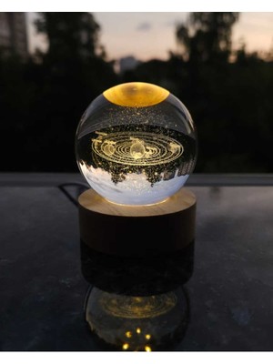 Normadia Işıklı Ahşap Standlı Gezegen Cam Küre, USB Kablo ile Dekorasyon Süsü