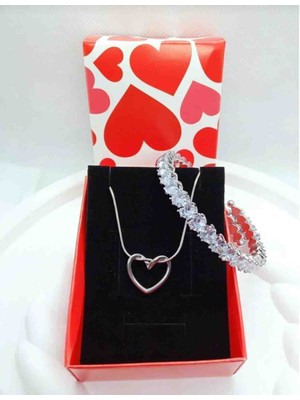 Güneş Takı Silver Su Yolu Kalpli Bileklik Kalp Kolye Kutulu Sevgililer Günü Özel