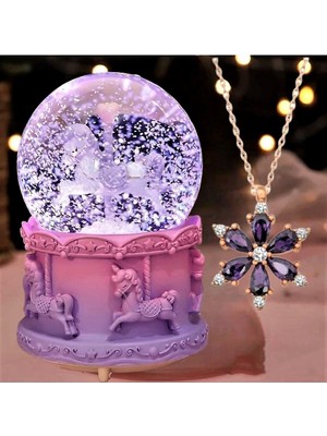 Normadia Rüya Gibi Unicorn Mini Işıklı Kar Küresi ve Lotus Kolye Seti