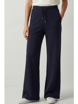 elemge Pamuklu Kadın Eşofman Altı Yüksek Bel Lacivert Flare Fit Geniş Paça Ipli Cepli Esnek Yumuşak Likra