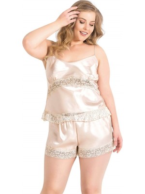  Büyük Beden Fildişi Saten Babydoll Şort Takımı