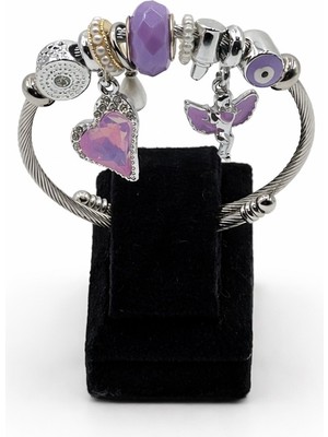 Pangu Mor Boncuklu & Melek Figürlü Gümüş Renk Çelik Charm Bileklik