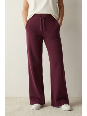 Elemge Pamuklu Kadın Eşofman Altı Yüksek Bel Mürdüm Flare Fit Geniş Paça Ipli Cepli Esnek Yumuşak Likralı