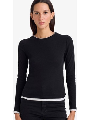 Defacto Slim Fit Ribana Siyah Kadın Uzun Kollu T-Shirt E6548AX/BK81