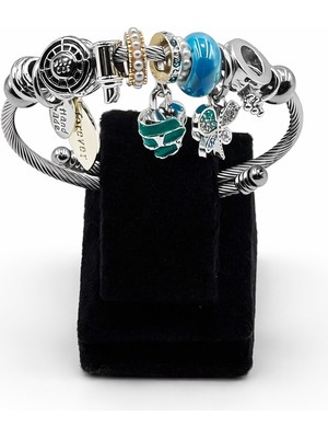 Pangu Mavi Taşlı & Kelebek Figürlü Gümüş Renk Çelik Charm Bileklik