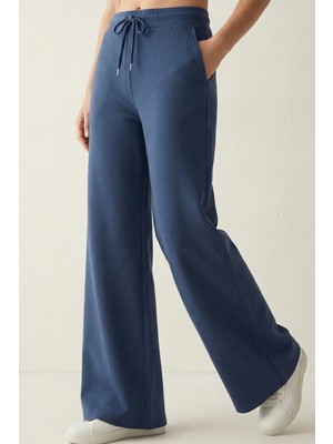 Elemge Pamuklu Kadın Eşofman Altı Yüksek Bel Indigo Flare Fit Geniş Paça Ipli Cepli Esnek Yumuşak Likralı