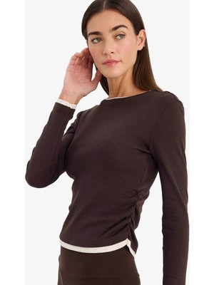 Defacto Slim Fit Ribana Kahverengi Kadın Uzun Kollu T-Shirt E6548AX/BN267