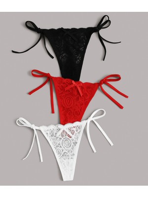  Büyük Beden Kadın 3'lü Dantelli Yandan Bağlamalı Seksi Tanga TG270054
