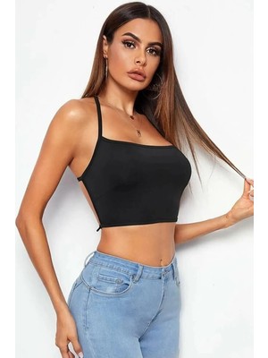  Kadın Sırtı Açık Siyah Belden Bağlamalı Crop Büstiyer TG275441