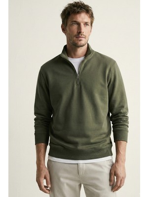 Elemge pamuklu Erkek Sweatshirt Haki Soft Touch Relax Fit Yarım Fermuarlı Dik Yaka 3 Iplik Nefes Alan