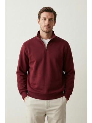 Elemge pamuklu Erkek Sweatshirt Bordo Soft Touch Relax Fit Yarım Fermuarlı Dik Yaka 3 Iplik Nefes Alan
