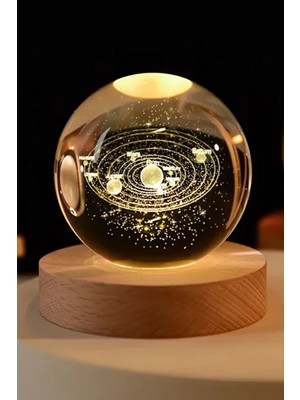 Normadia 3D Kristal Top Gezegenler Modeli Ahşap Standlı USB Kablo ile Dekorasyon