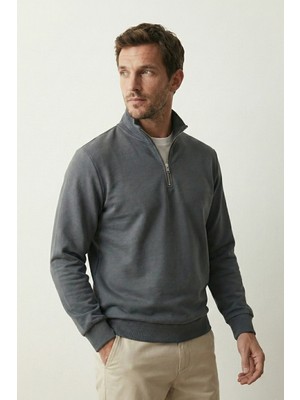 Elemge pamuklu Erkek Sweatshirt Antrasit Soft Touch Relax Fit Yarım Fermuarlı Dik Yaka 3 Iplik Nefes Alan