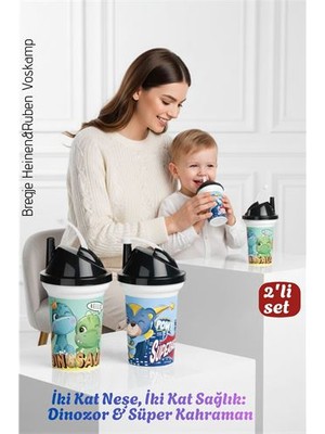 Çocuk Pipetli Bardak Seti 2'li Dinozor & Süper Kahraman Ikili Eğlenceli Kapaklı Suluk Matara 30