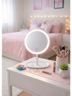 TD LED Işıklı, USB Şarjlı, Masa Üstü Dokunmatik Yuvarlak Beyaz Makyaj Aynası