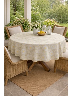 Rona Home Papatya Desenli Şık Yuvarlak Masa Örtüsü - Birinci Sınıf Kaliteli Kumaş Leke Tutmaz Dijital Baskı