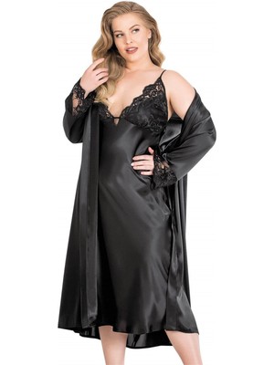 Çamaşır Kenti Aria's Closet Büyük Beden Siyah Uzun Ikili Saten Sabahlık Gecelik Takımı