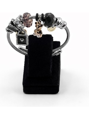 Pangu Siyah Taşlı Kilit & Ayıcık Figürlü Gümüş Renk Çelik Charm Bileklik