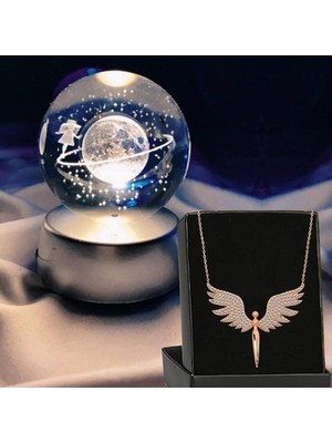 Normadia Kişiye Özel Satürn Işıklı Cam Küre ve Lotus Melek Kolye Seti