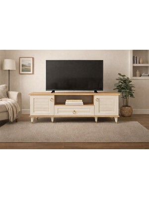 Dekurt Modern Ahşap Bej Tv Ünitesi Kapaklı Televizyon Ünitesi Salon Tv Sehpası 140cm