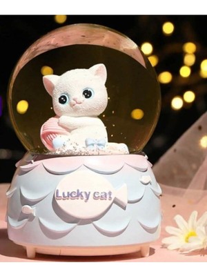 Normadia Sevimli Minnoş Kedi Lucky Cat Işıklı Müzikli Kar Küresi Orta Boy