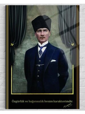 Mustafa Kemal Atatürk Kalpaklı Resmî Portre Sözlü Cam Duvar Tablosu 105