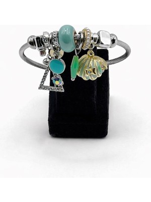 Pangu Deniz Kabuklu Yeşil Taşlı Gümüş Renk Çelik Charm Bileklik