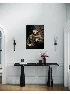 Kalpaklı Üniformalı Atatürk Renkli Çerçevesiz Dikey Kırılmaz Cam Tablo 116
