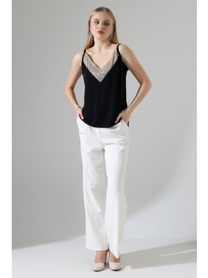 Lubiti Askılı  V Yaka Payetli Krep Bluz/BÜYÜK BEDEN 40 beden ve Üzeri