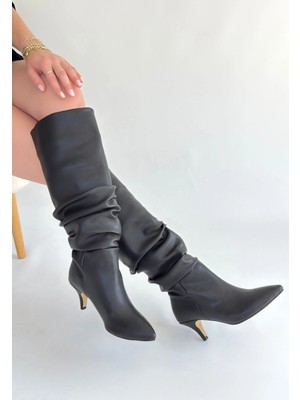 Erbilden Zelya Siyah Cilt Topuklu Çizme