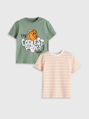 Lc Waikiki Yeni Sezon Bisiklet Yaka Baskılı Erkek Çocuk Tişört 2'li