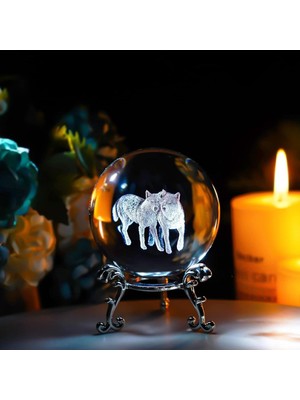 Keyfim Shop Dekoratif Metal Ayaklı Ikili Kurt Tasarımlı 3D Cam Küre 8*6cm