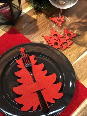 PremiumPort 6'lı Keçe Yılbaşı Ağacı Kırmızı Kaşıklık ve Kadeh Süsü Seti