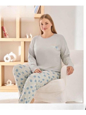 Pijamoni Kadın Sofya Büyük Beden Bisiklet Yaka Uzun Kol Ince Pijama Takımı 8720/2- 1 Adet