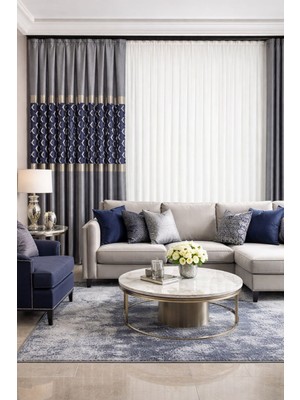 Perde Merkezi 1/3 Pile Nbl Püsküllü Pano Fon Perde (Gri-Lacivert-Gold)