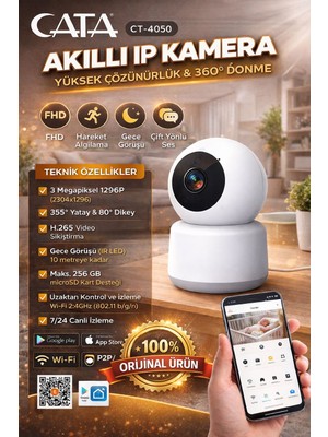 CATA Akıllı IP Kamera 3 MP 360° Döner Gece Görüşlü İç Mekan Kullanımı için Yüksek Çözünürlük