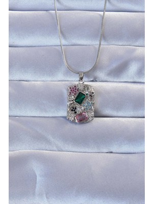 Ett 316L Gümüş Renk Çok Renkli Zirkon Taşlı Vintage Kolye