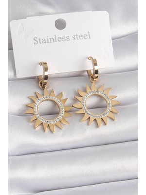 Ett 316L Çelik Gold Renk Zirkon Taşlı Güneş Model Kadın Küpe