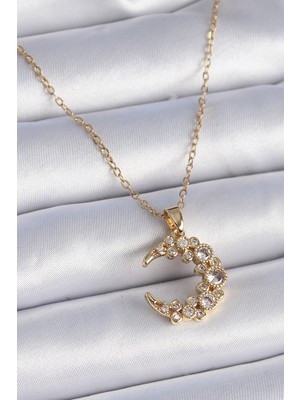 Ett 316L Çelik Zincir Gold Renk Zirkon Taşlı Hilal Model Kadın Kolye