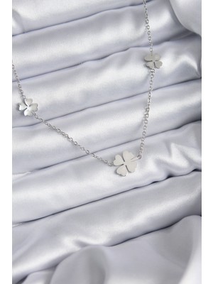 Ett 316L Çelik Zincir Gümüş Renk Yonca Model Kadın Kolye