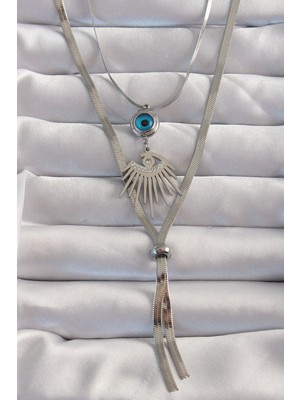 Ett 316L Çelik Gümüş Renk Zirkon Taşlı Göz Detay Nazarlı Uzun Asansör Model Kolye