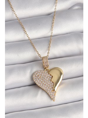 Ett 316L Çelik Gold Renk Zincir Zirkon Taşlı Kırık Kalp Model Kadın Kolye