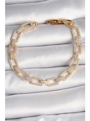 Ett Pirinç Gold Renk Zirkon Taşlı Zincir Model Vıp Seri Kadın Bileklik